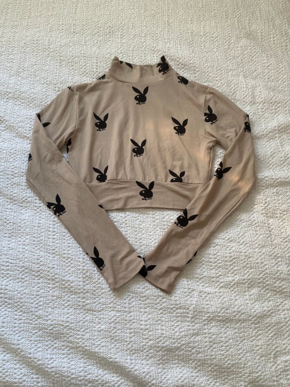 Playboy Tan All-Over Bunny Logo Mock Neck Crop Top S/P